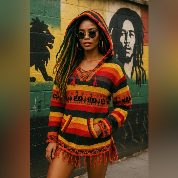 VINTAGE | Striped Llama Hooded Poncho with Fringe - Picture 1 of 6